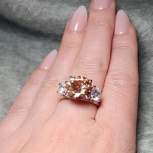 Cocktail Ring- Peach Blush And Clear Cubic Zirconia With Silver Band Sz 8 NWOT